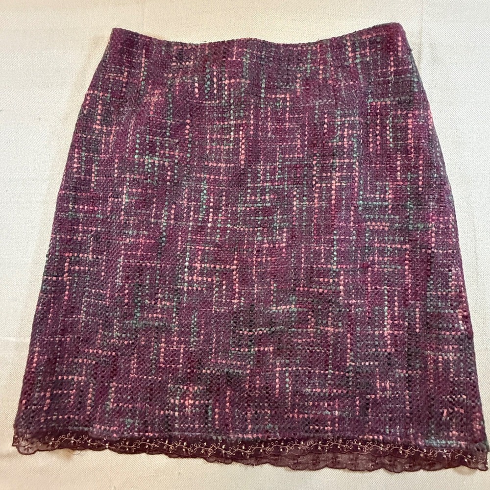 Kate Hill Purple Tweed Wool Blend Lace Trim Mini Skirt Womens 12 Beaded Hem 2180